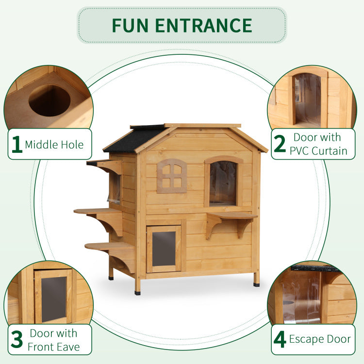 Pawhut 2 Story Cat House Outdoor, Weatherproof Wooden Cat Enclosure For Feral Cats With Escape Door, Openable Roof, Jumping Platforms, Natural