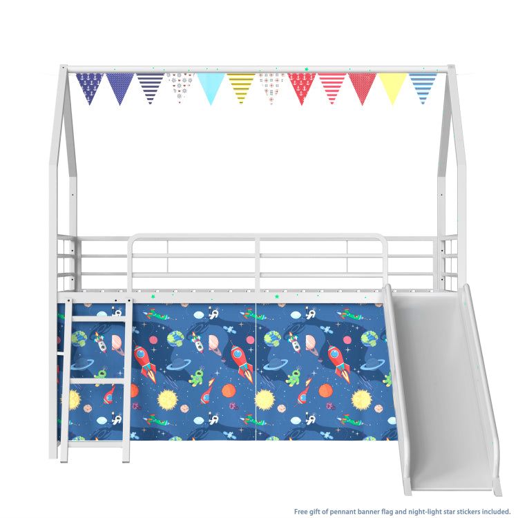 Jack Metal Junior House Twin Loft Bed With Slide And Curtain Set And Pennant Banner Flag And Star Stickers, White With Blue
