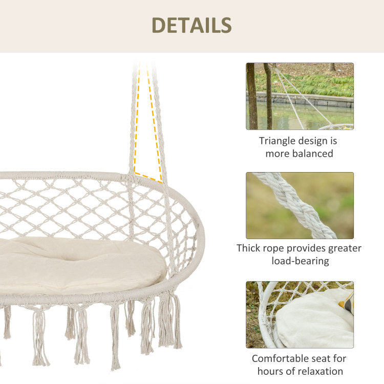 Outsunny 2 Person Hammock Chair Macrame Swing With Soft Cushion, Hanging Cotton Rope Chair For Indoor Outdoor Home Patio Backyard, White