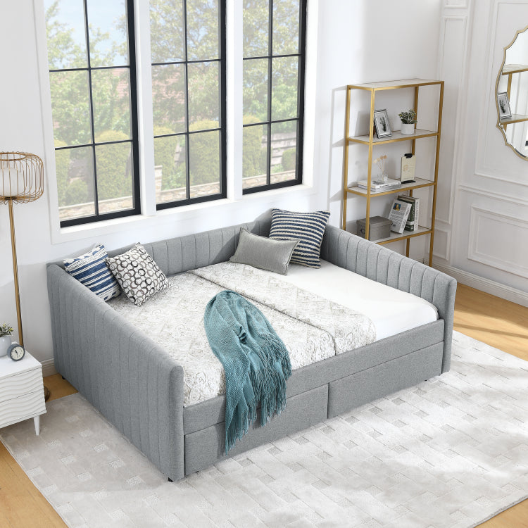 Queen Size Daybed With Two Drawers Trundle Upholstered Sofa Bed, With Vertical Stripes Linen Fabric, Grey 86.5"X65"X30"