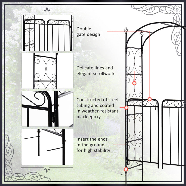 Outsunny 84" Garden Arch Arbor With Gate, Metal Arch Trellis, Garden Archway For Climbing Vines, Wedding Ceremony Decoration, Flourishes & Arrow Tips, Black