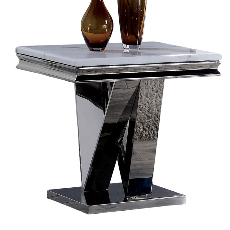 1Pc End Table Modern Glam Style 18Mm Faux Marble On Top Rectangular V Shape Pedestal Base Stainless Steel Metal Structure Chroma Finish Coffee Table Not Included