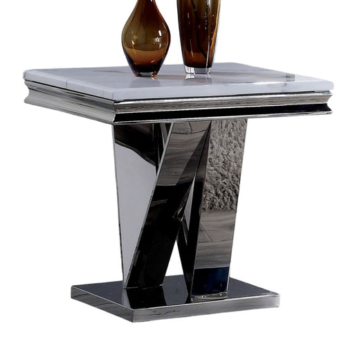 1Pc End Table Modern Glam Style 18Mm Faux Marble On Top Rectangular V Shape Pedestal Base Stainless Steel Metal Structure Chroma Finish Coffee Table Not Included