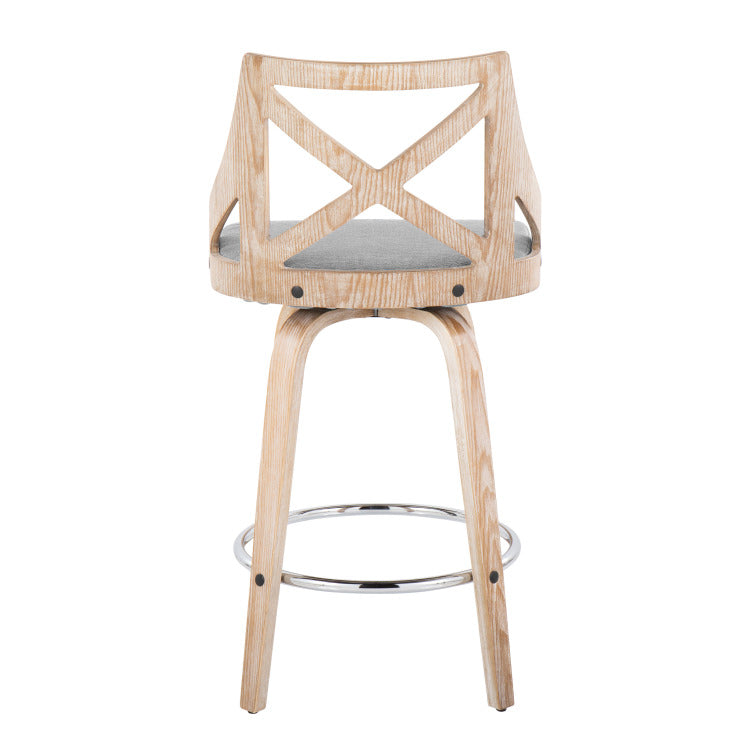 26" Fixed Height Counter Stool With Swivel In White Washed Wood, Light Grey Fabric With Round Chrome Metal Footrest Set Of 2