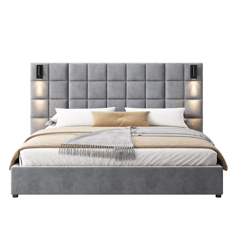 California King Size Upholstered Bed Frame,With Wall Sconce And Usb Port, Wide Headboard, Velvet, Gray