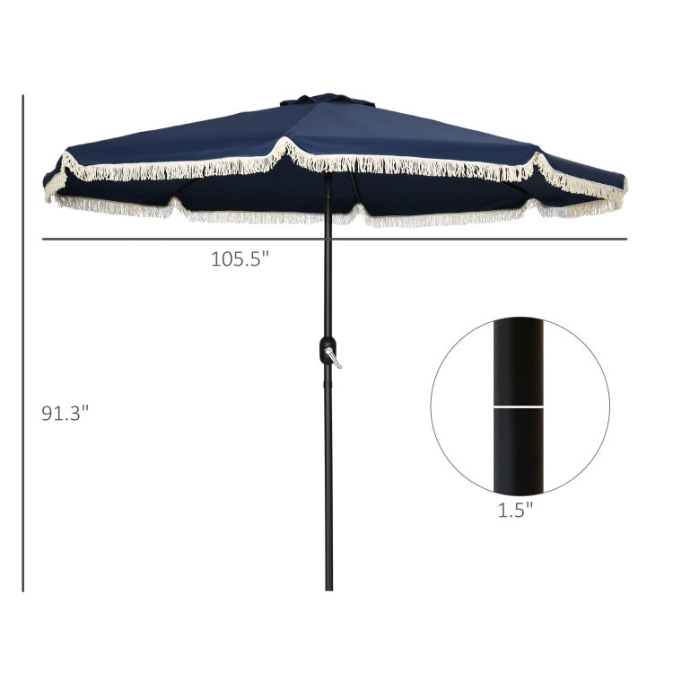 Outsunny 9Ft Patio Umbrella With Push Button Tilt And Crank, Ruffled Outdoor Market Table Umbrella With Tassles And 8 Ribs, For Garden, Deck, Pool, Dark Blue