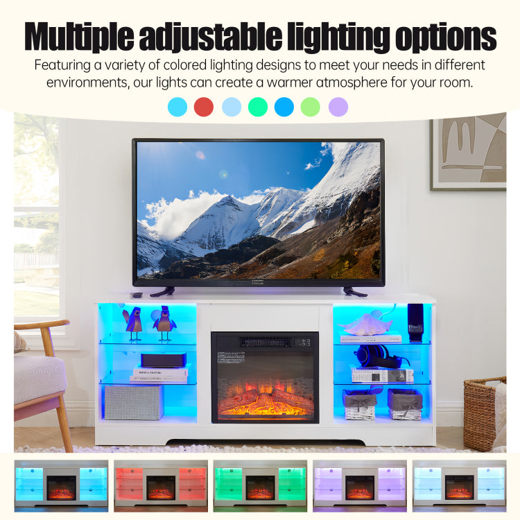 Tv Stand Electric Fireplace Tv Stand With Glass Shelves, 3D Fireplace Tv Stand With Led Lights Wood With Usb Charging Outlet Modern Television Table Center For Tv Up To 32 62" White