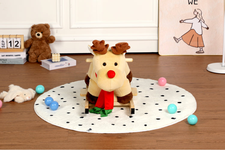 Kids Ride On Rocking Horse Toy With Jingle Bells,Moose Rocking Toy With Hand Puppets And Safety Belt For Children 1 3 Years,Soft Plush Fabric,Apricot,Cpc Certified