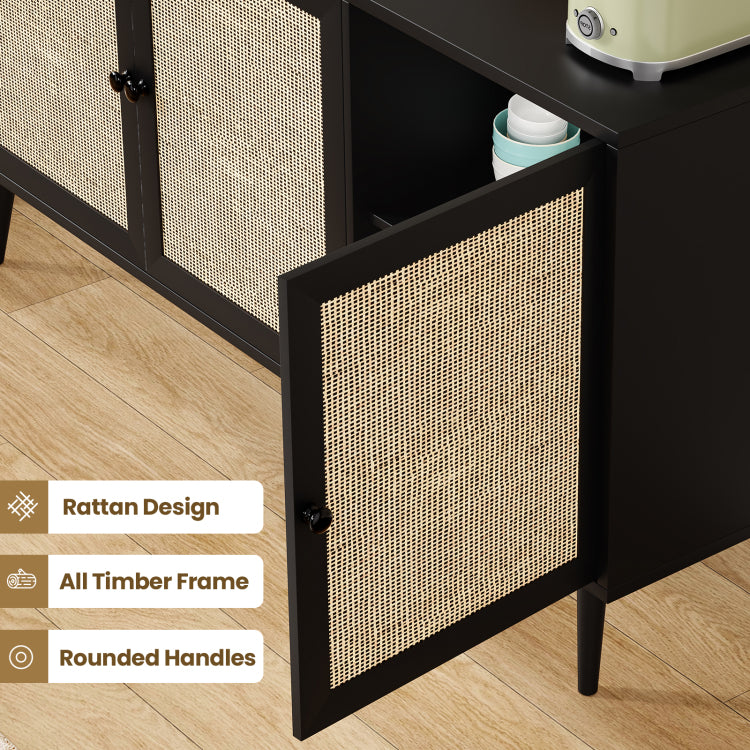 Sideboard Buffet Cabinet With 3 Rattan Doors,Modern Kitchen Storage Console Cabinet For Entryway Living Room Large,Black