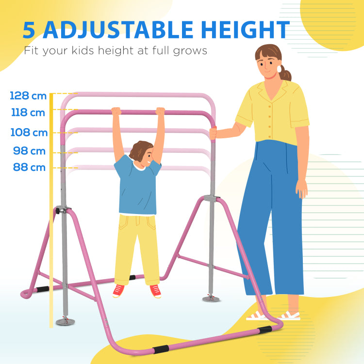 Qaba Folding Gymnastics Bar For Kids With Shock Absorption, Adjustable Gymnastics Horizontal Bar, Gymnastics Kip Bar For Home Use, Pink