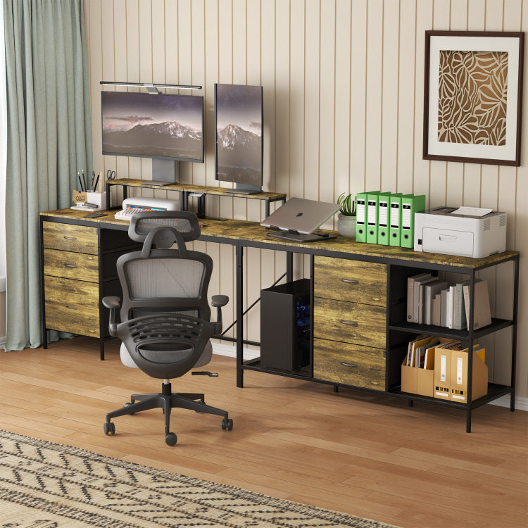 114" L Shaped Desk With Power Hub, Industrial Gaming Desk 6 Drawers, Removable Monitor Stand, Rustic Brown Home Office