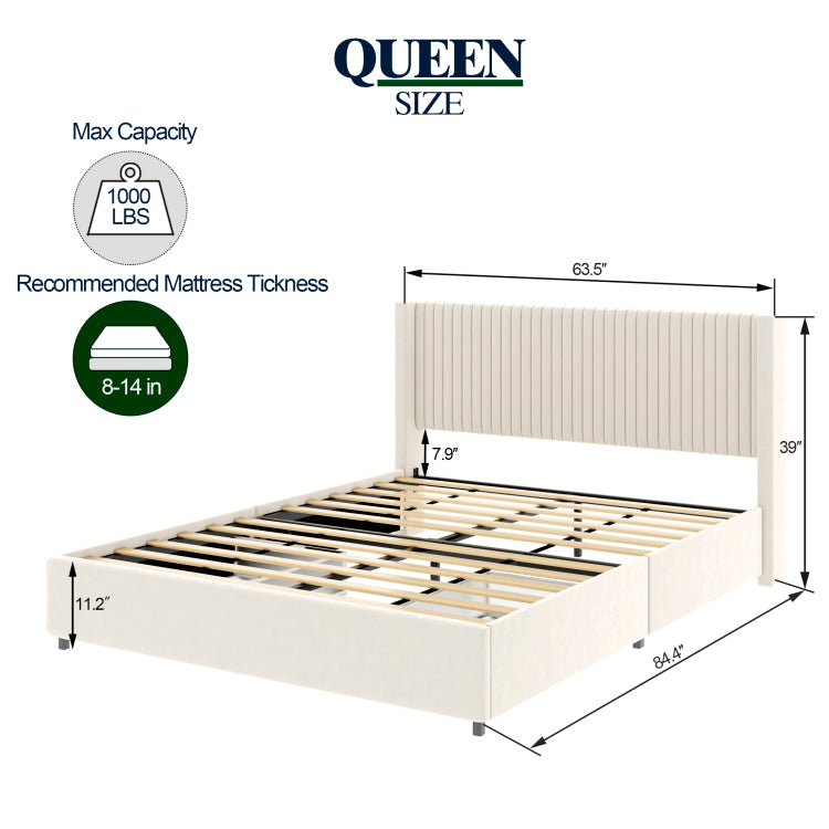 Anna Patented 2 Drawer Storage Bed Queen Size Ivory Velvet Upholstered Wingback Platform Bed, Modern Design Headboard With Tight Channel, Wooden Slat Mattress Support No Box Spring Needed