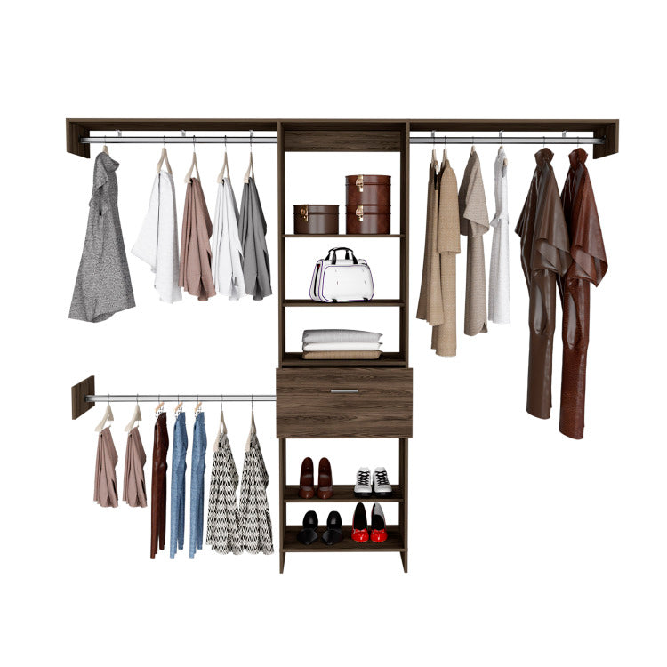 Cross Closet System, One Drawer, Three Metal Rod, Five Open Shelves
