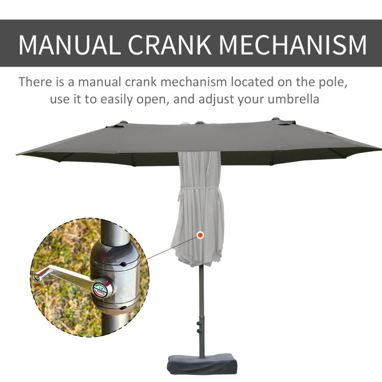 Outsunny Patio Umbrella 15' Steel Rectangular Outdoor Double Sided Market With Base, Sun Protection & Easy Crank For Deck Pool Patio, Dark Gray