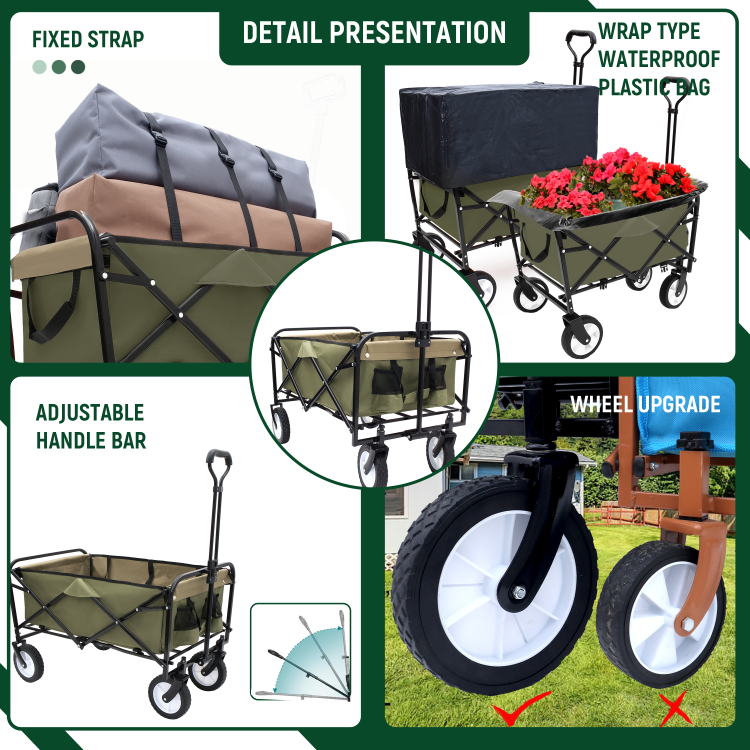 360Lbs Collapsible Foldable Wagon Cart With Strapping System ,Beach Wagon Utility Cart Utility Wagon Grocery Cart For Camping Shopping Sports Gardening Fishing Supports 3Pcs Plastic Liner Bag Green