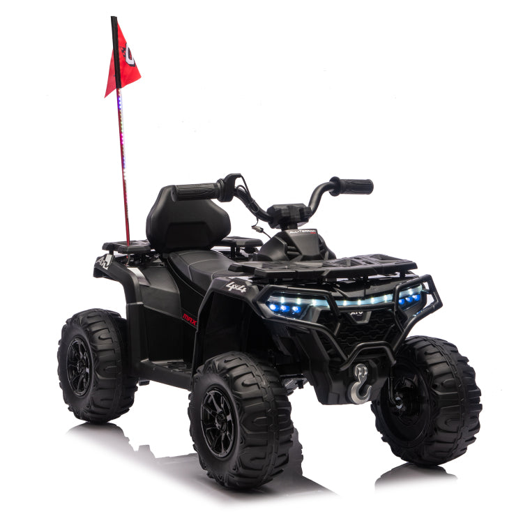 24V 160W Kids Electric Ride On Atv Realistic Off Road Design With 2Wd,Decorative Flags,On Off Light Switch,Volume Control W Bluetooth,Usb Port,Built In Music & Multi Color,Recommended Age:3 6