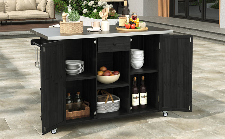 Outdoor Kitchen Island Fir Wood Kitchen Island With Stainless Steel Top, Ample Storage Space, Towel And Spice Racks And A Bottle Opener For Outdoor, Black