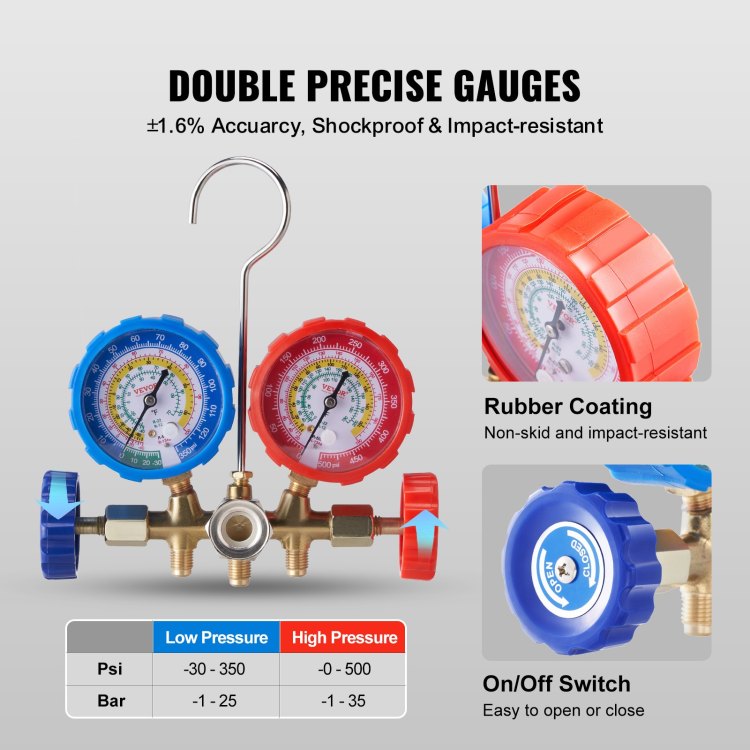 Ac Gauge Set 3 Way Ac Manifold Gauge Set For R134A R22 R12 R502 Refrigerant, Freon Gauges With 5Ft Hoses, Couplers, Can Tap Works On Car Auto Freon Charging And Evacuation
