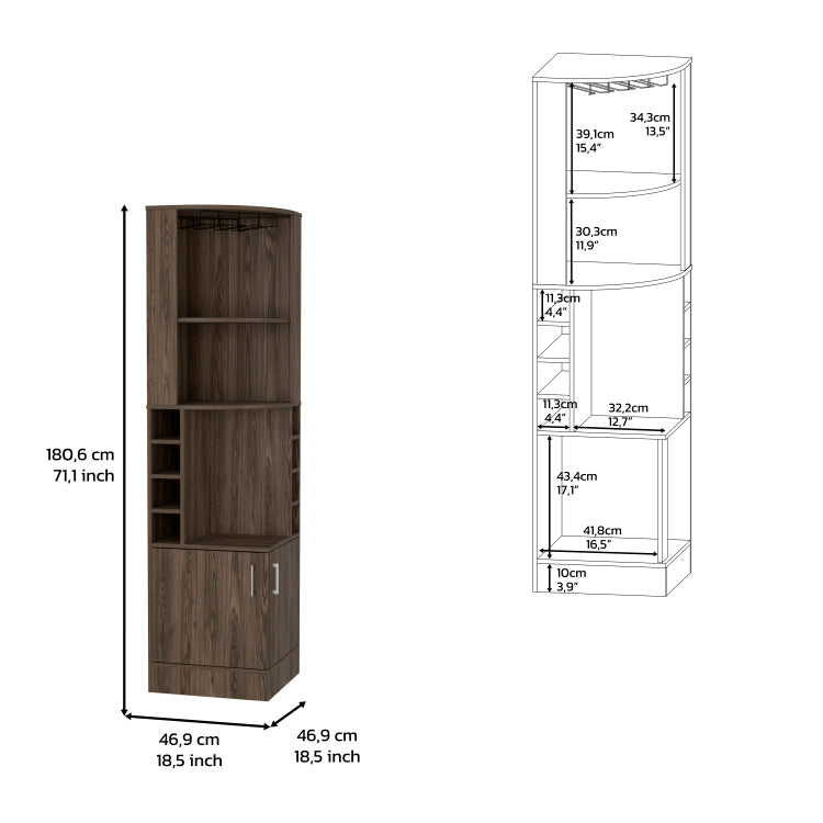 Corner Bar Cabinet, Two External Shelves, Dark Walnut