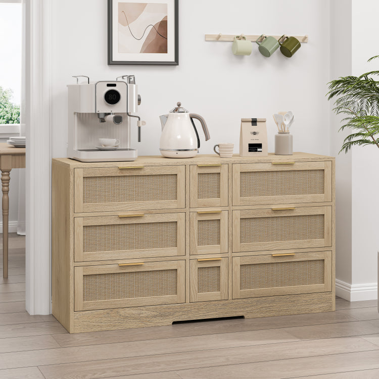 51.2 "Rattan Locker With Drawers, 9 Drawers, Metal Handles For Kitchen, Living Room, Bedroom Natural