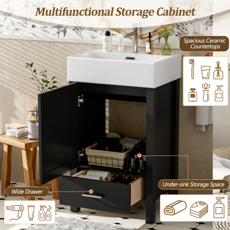 20.28'' Black Modern Bathroom Vanity With Ceramic Sink, Solid Wood Frame, And Drawer Ideal For Small Bathrooms