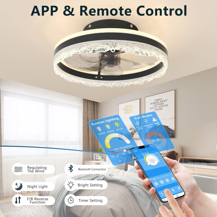 16" Quiet With Light Led Crystal Flush Mount Fan Lamp With Hidden Blades And Natural Airflow, Perfect For Bedroom, Kids Room, Study Room