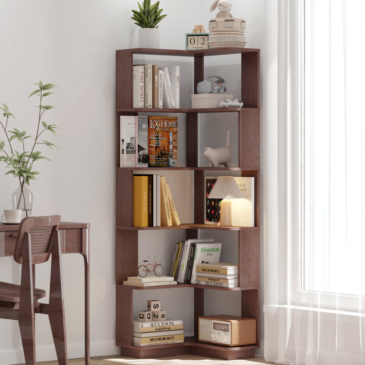 6 Tier Freestanding L Shaped Corner Bookshelf For Living Room, Bedroom, Wooden Bookcase With Anti Drop Panle And Anti Tipping Device, Display Shelf Open Storage Rack Organizer For Home Office Dark