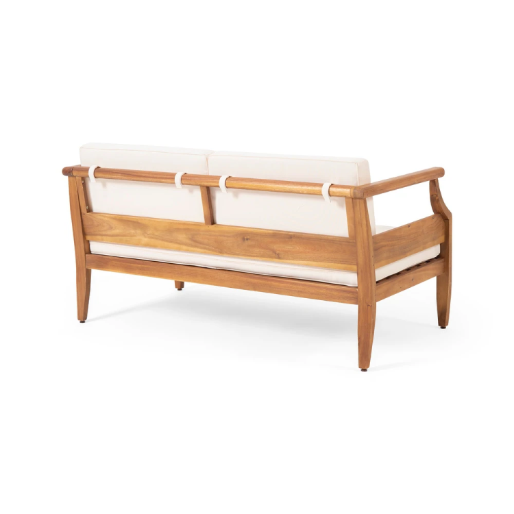 Aston Outdoor Mid Century Modern Cushioned Acacia 4 Seat Chat Set Loveseat & Coffee Table & Club Chair Teak Finish Cream Cushion