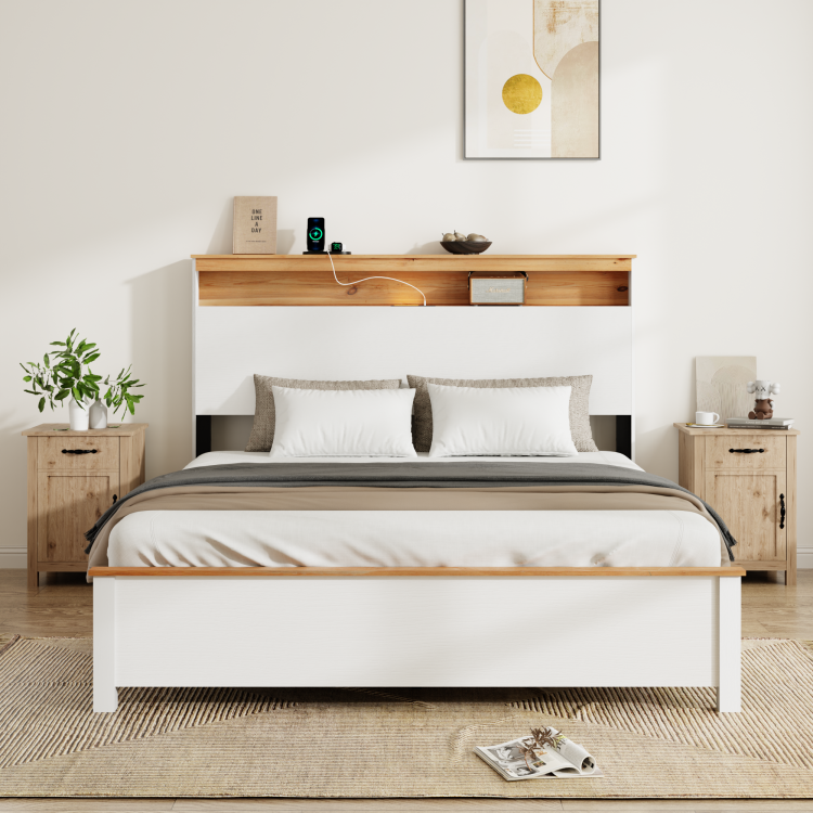 Full Wooden Bed Stand With Charging Station Storage Headboard: This Rustic Farmhouse Bed Frame With Storage Headboard Comes With A Built In Charging Station That Is Simple To Install And Easy To