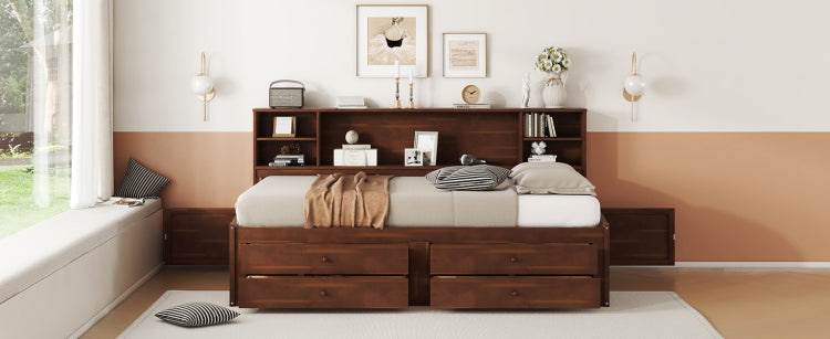 Full Size Wooden Captain Bed With Built In Storage Shelves, 4 Drawers And 2 Cabinets, Antique Brown