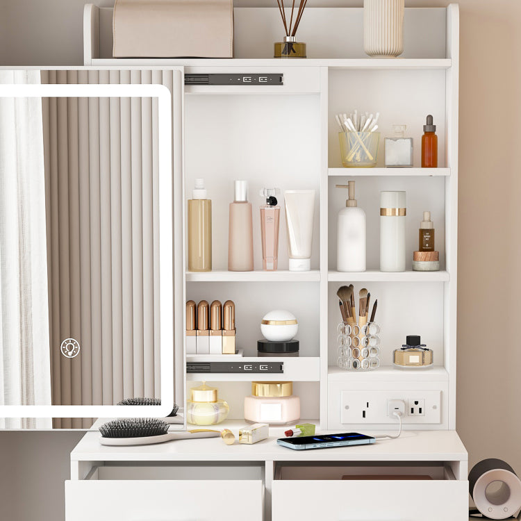 Small Makeup Vanity Desk With Mirror & Adjustable Led Lights,Built In Power Outlet & Hidden Storage, Includes Padded Stool & Shelf,Space Saving Dressing Table For Small Bedrooms,White