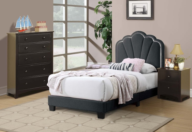 Luxurious Style Twin Size Bed Charcoal Wool Fabric Floral Design Headboard W Led Fully Upholstered Platform Bedroom Furniture
