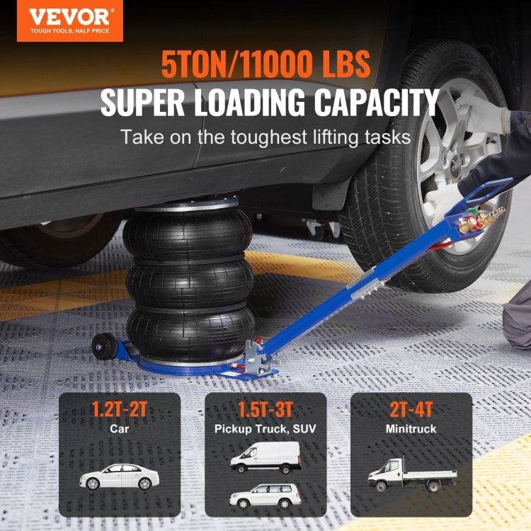 Air Jack, 5 Ton 11000 Lbs Triple Bag Air Jack, Airbag Jack With Six Steel Pipes, Lift Up To 18.5 Inch 470 Mm, 3 5 S Fast Lifting Pneumatic Jack, With Adjustable Handle For Car, Garage, Repair