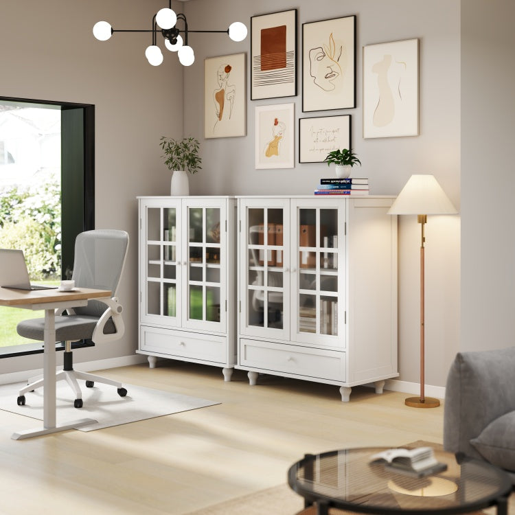 Minimalist White Buffet Cabinet With Double Glass Doors And Drawer, Modern Wooden Storage Sideboard Cupboard For Living Room, Dining Room Hallway Entryway