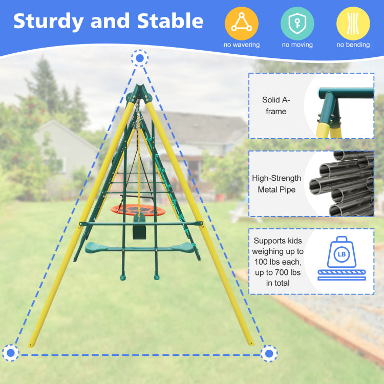 6 In 1 Swing Set With Climbing Frame, Climbing Net, Glider, Hammock Swing, Belt Swing, Basketball Rim For Backyard
