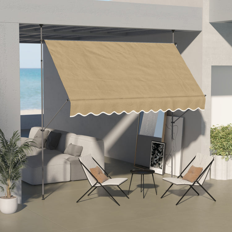 Outsunny Manual Retractable Awning, 118" Non Screw Freestanding Patio Sun Shade Shelter With Support Pole Stand And Uv Resistant Fabric, For Window, Door, Porch, Deck, Beige