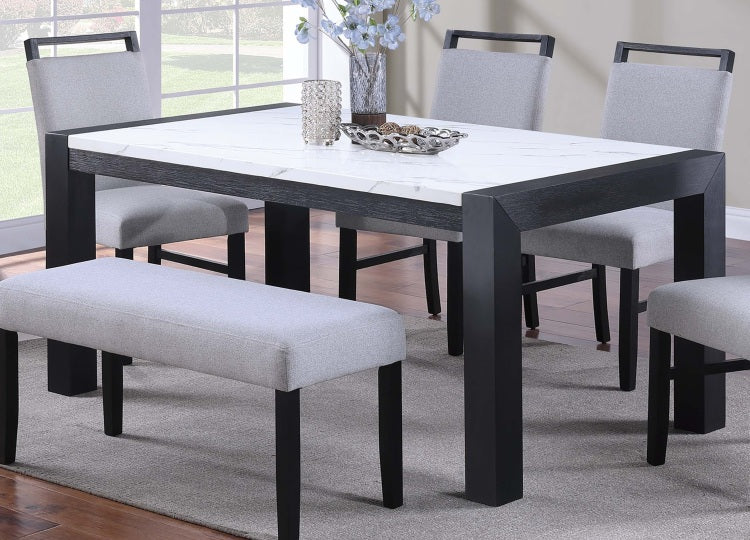 Elegant White Faux Marble Top 1Pc Table Charcoal Legs Wooden Dining Table Modern Sleek Two Tone Dining Table
