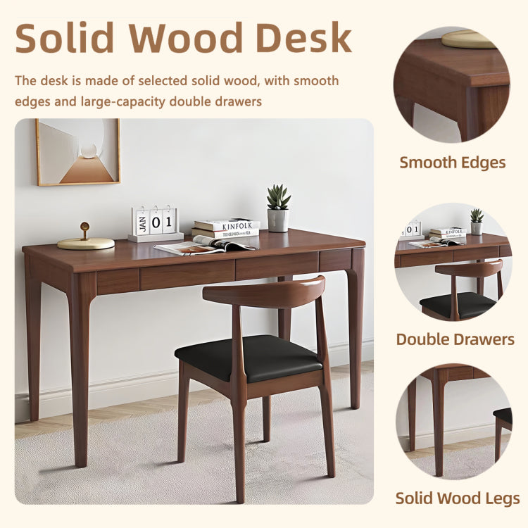 Solid Wood Desk With Drawers, Standing Desk With Smooth Edges, Home Office Desk For Small Spaces, Mid Century Modern Desk For Study, Bedroom, Living Room, Office, Walnut, 47.24''*21.65''*29.53''