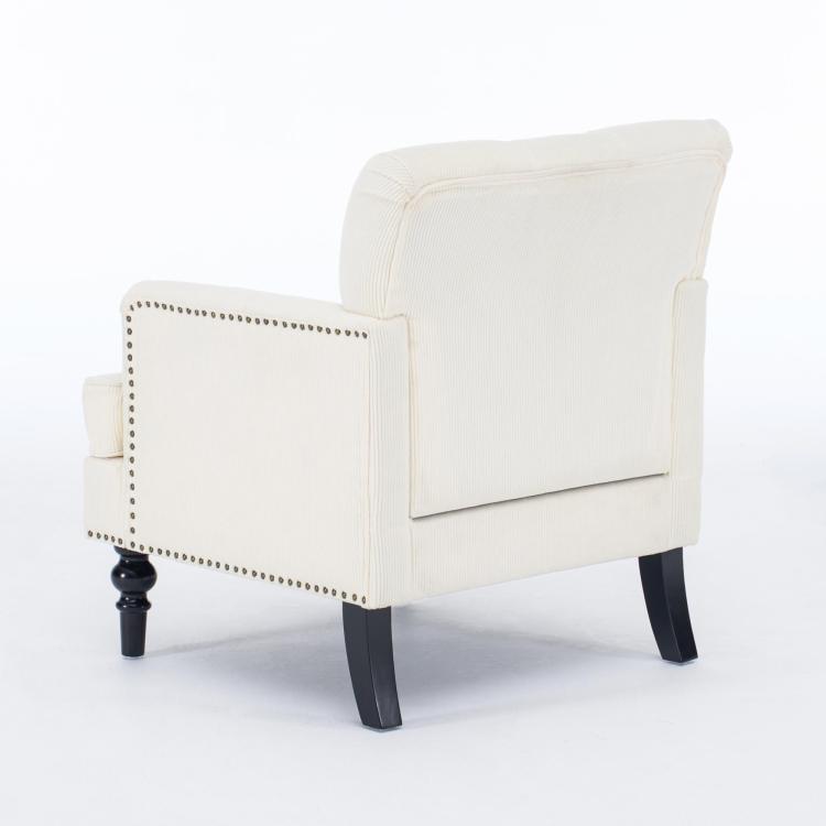 Tufted Club Chair, Accent Chair, Upholstered Button Armchair, Linen Fabric Corduroy Sofa Chairs For Bedroom, Living Room, Mid Century Modern With Studded Reading Chair Beige