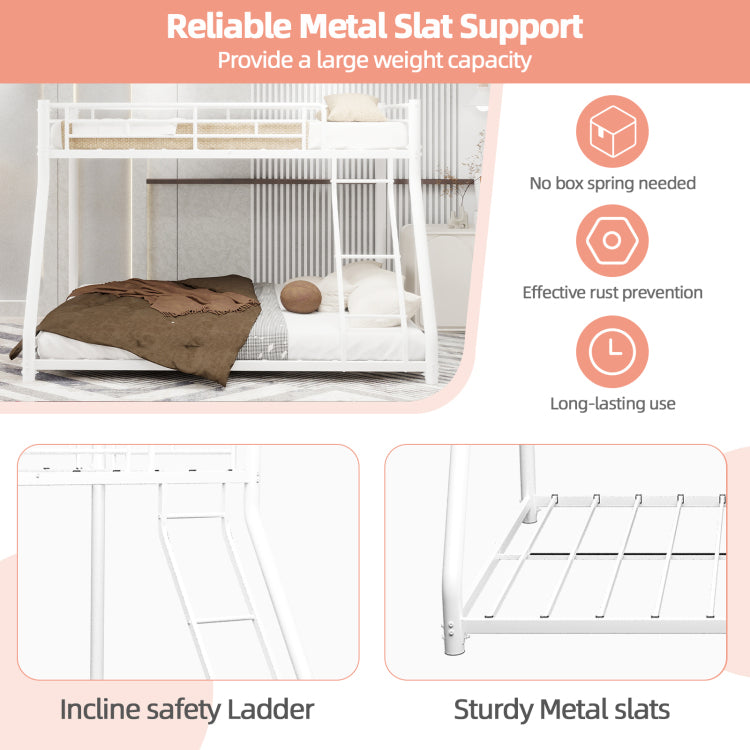 Metal Bunk Bed Twin Over Full Size With Removable Stairs, Heavy Duty Sturdy Frame With 12" Under Bed Storage For Teen & Adults, Teens, No Box Spring Needed, White