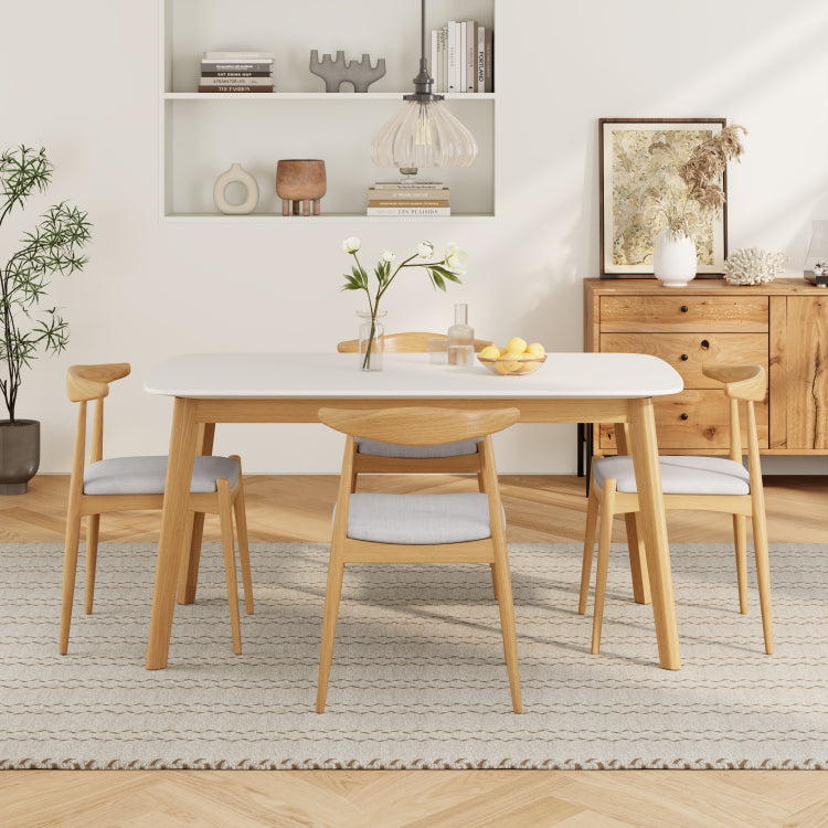 5 Piece Mid Century Modern Dining Set Solid Wood Frame Table 4 Beige Upholstered Chairs, White Oak Beige Same Sku: N759S296907K