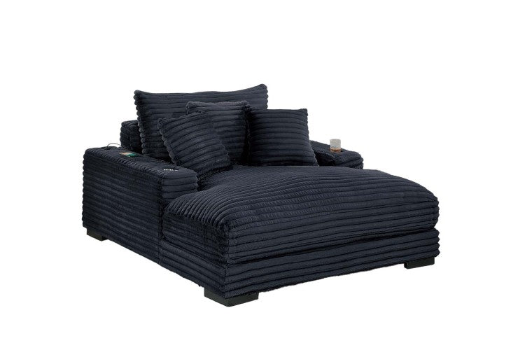 Modern Chaise Lounge W 2 Cup Holders Usb Ports Black Corduroy Wooden Legs Pillows Plush Couch Sofa Chaise