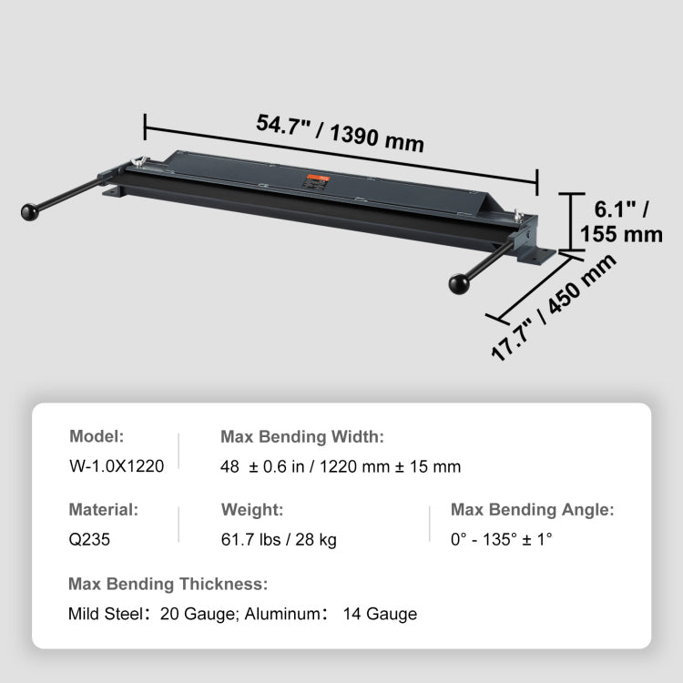 Box And Pan Brake, 48 Inch, 0 130 Degrees Sheet Metal Bending Brake, Portable Mini Metal Bender With 20 Gauge Low Carbon Steel 14 Gauge Aluminum Capacity Power Handle, For Metal Bending