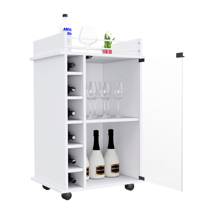 Bar Cart, Glass Door, Four Casters, Two Shelves, White