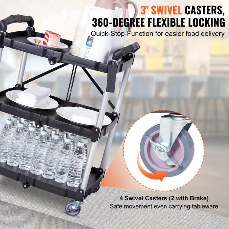Foldable Utility Service Cart, 3 Shelf 165Lbs Heavy Duty Plastic Rolling Cart With Lockable Wheels, Ergonomic Handle, Portable Garage Tool Cart For Warehouse Office Home 25.62"X15.43"X32.76"