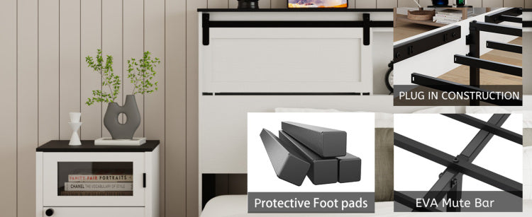King Size Bed, Metal Bed Frame With Charging Station, No Need For Box Spring, White , No Noise, Easy To Assemble