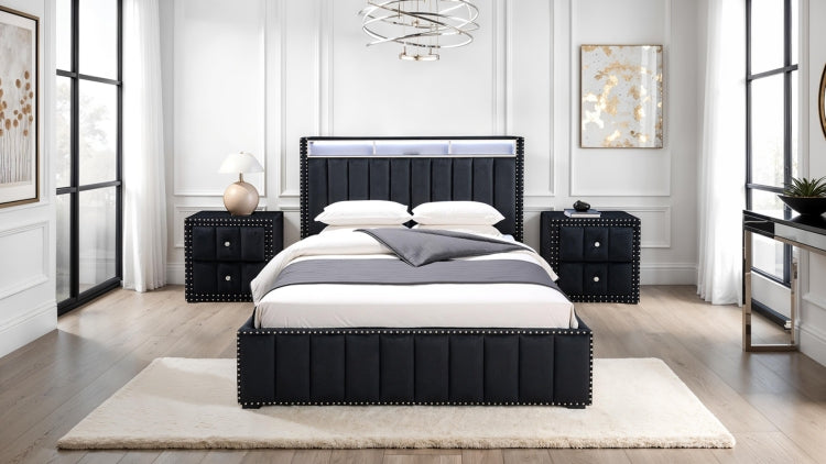 Black Color Contemporary Style 1Pc Nightstand Crystal Like Knobs Vertical Channel Tufting Nailhead Trim Fabric Bedside Table Bedroom Furniture