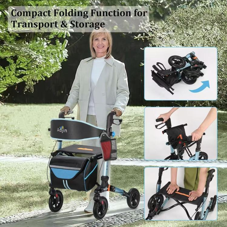 Rollator Walker For Seniors, Lightweight Foldable All Terrain Rolling Walker With Seat, Aluminum Walkers With 8 Inch Rubber Wheels, Handles And Backrest For Seniors And Adult Blue