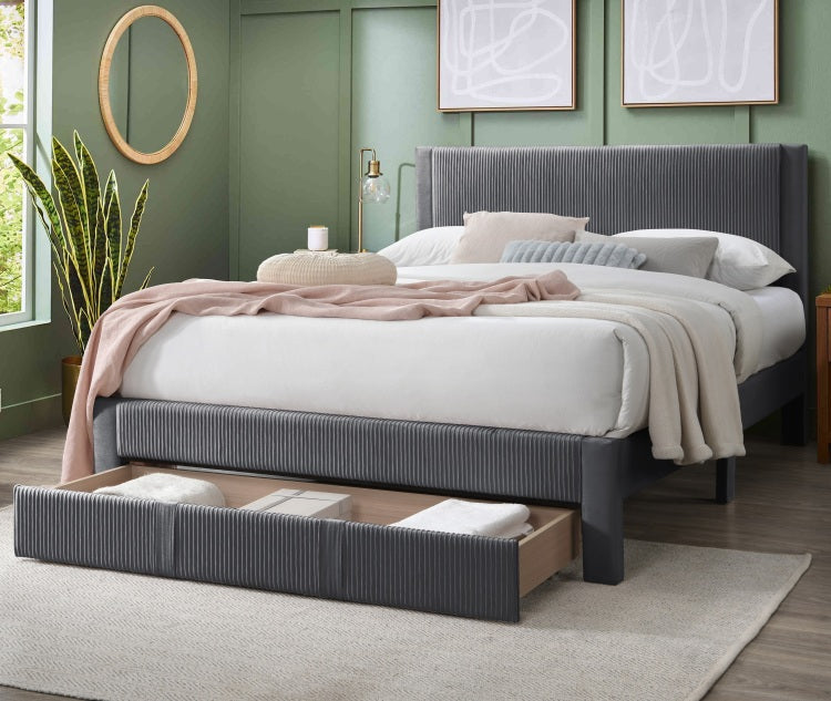 Contemporary 1Pc Queen Size Bed W Storage Drawer Charcoal Corduroy Texture Design Platform Bedframe