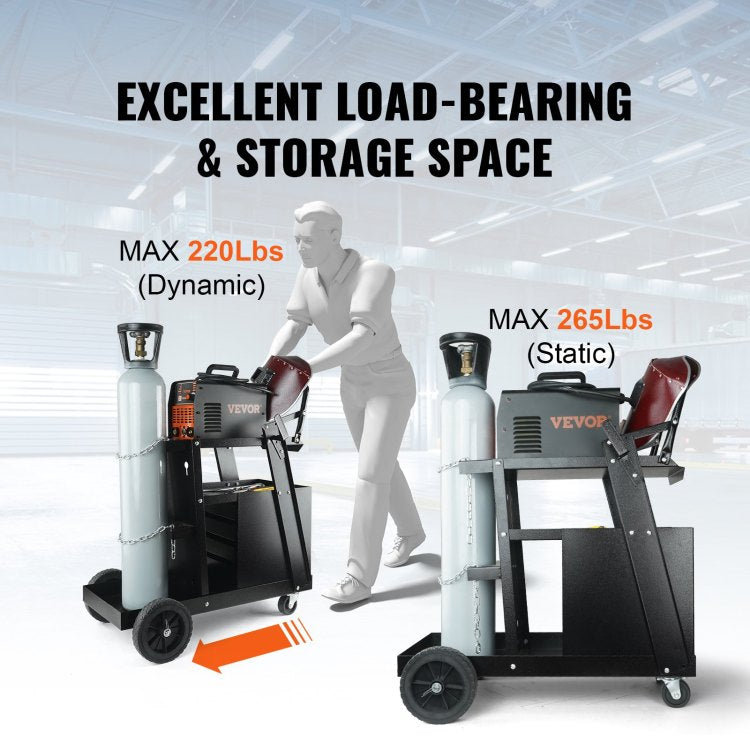 Welding Cart, 2 Tier 4 Drawers Welder Cart With 265 Lbs Weight Capacity, 360 Swivel Wheels, Tank Storage Safety Chains, Heavy Duty Rolling Mig Welder Cart For Mig Welder And Plasma Cutter